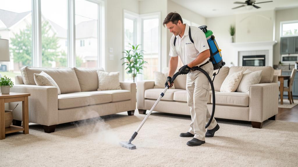 Technician steam cleaning wall-to-wall carpet in a Roseville, CA home