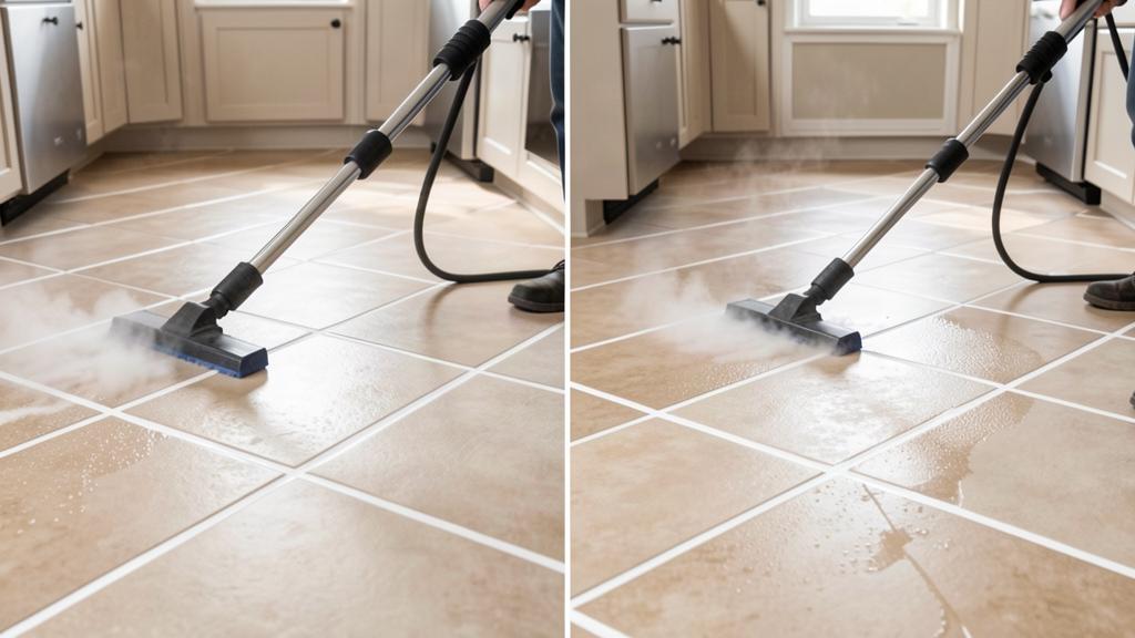 Tile and grout cleaning showing restored grout lines on a kitchen floor in Roseville, CA