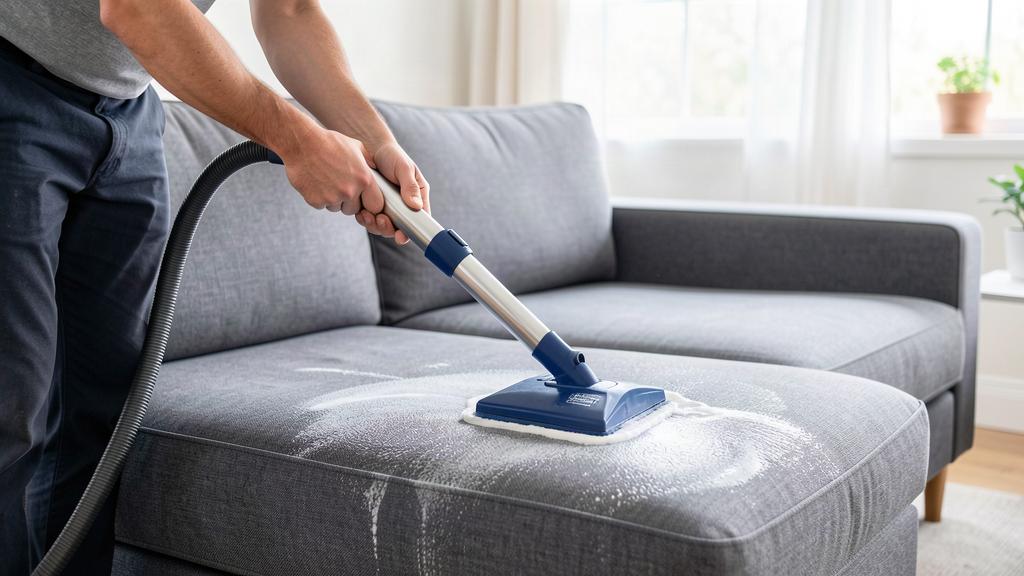Upholstery cleaning technician deep cleaning a fabric sofa in Roseville, CA